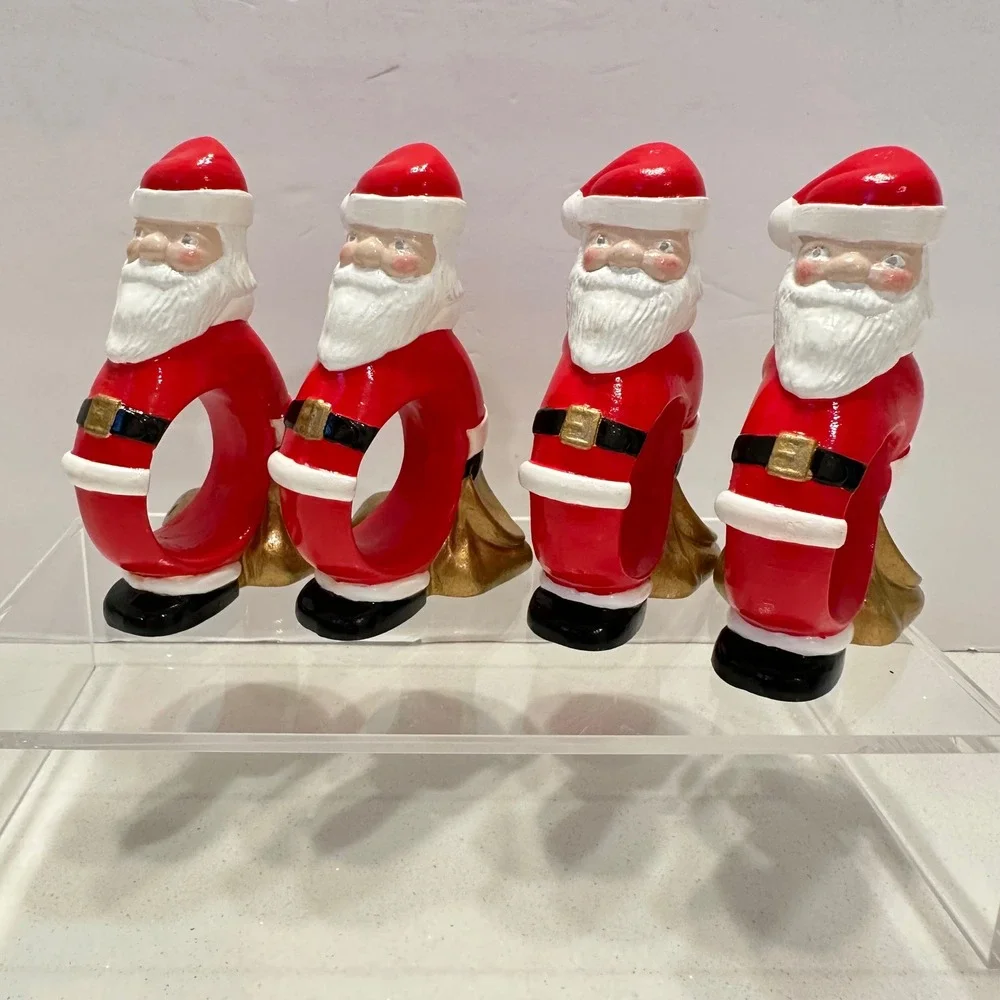 Vintage 60s Santa Claus Napkin Rings Handpainted Ceramic Red Gold Set of 4 MCM
